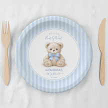 Ourson "Bearly Wait Baby Shower" et rayures bleues