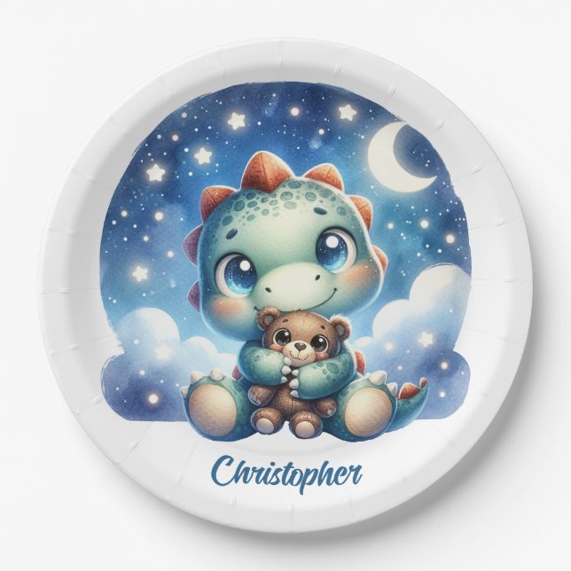 Assiettes En Carton Ourson d'étourdissement de bébé en dino à l'aquare (Devant)