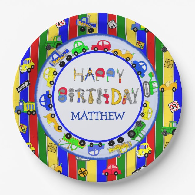 Assiettes En Carton Outils, Camions, Voitures, Tracteurs Anniversaire (Devant)