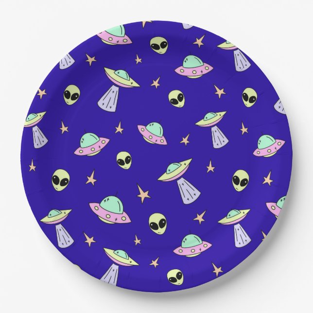 Assiettes En Carton OVNI, faces Aliens et étoiles sur Arrière - plan b (Devant)