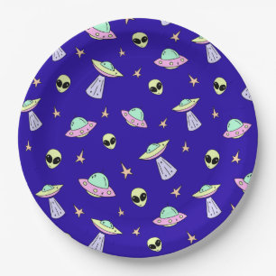 Assiettes En Carton OVNIs, visages d'aliens et étoiles sur fond bleu