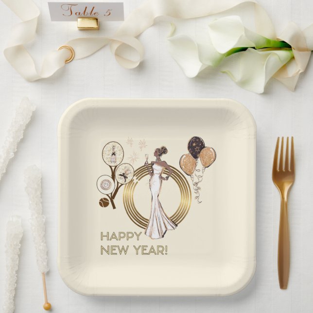 ASSIETTES EN CARTON PADEL PLATE: NEW YEAR’S PADEL DIVA – CREAM & GOLD (Mariage)