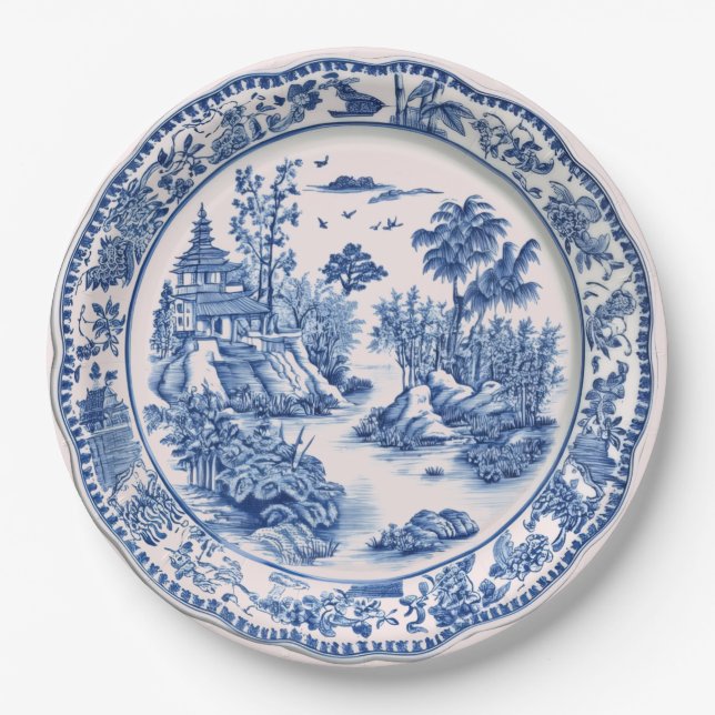 Assiettes En Carton Pagode de la Chinoiserie Bleue et Blanche (Devant)