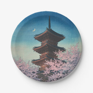 Assiettes En Carton Pagode de printemps japonaise vintage sur une soir