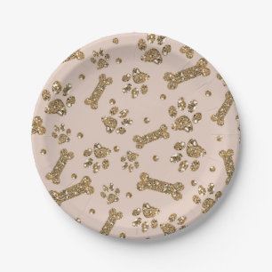 Assiettes En Carton Pailleté Or Beige Rosé Patte d'Os Chien Chiot