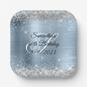 Assiettes En Carton Paillettes Argentées Anniversaire 40 Ans Bleu Clai