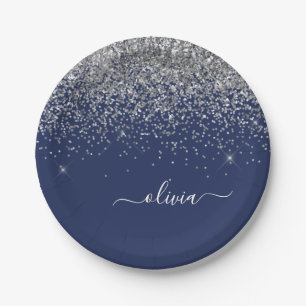 Assiettes En Carton Paillettes Bleu Marine Argenté Monogramme Nom Fill