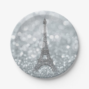 Assiettes En Carton Paillettes d'Argent Brillant Bling Tour Eiffel Fêt