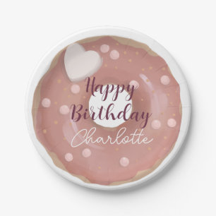 Assiettes En Carton Paillettes de donut rose Joyeux Anniversaire