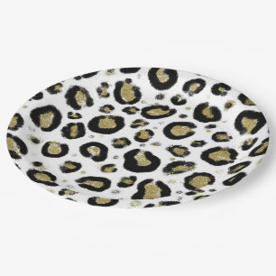 Assiettes En Carton Paillettes d'or blanc et imprimé léopard noir guép