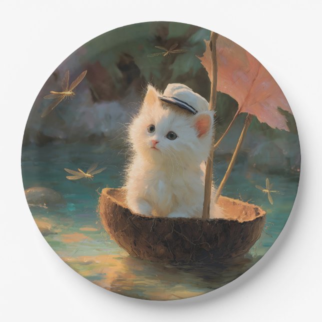 Assiettes En Carton Painting of Fluffy White Kitten Sailing in Coconut (Devant)