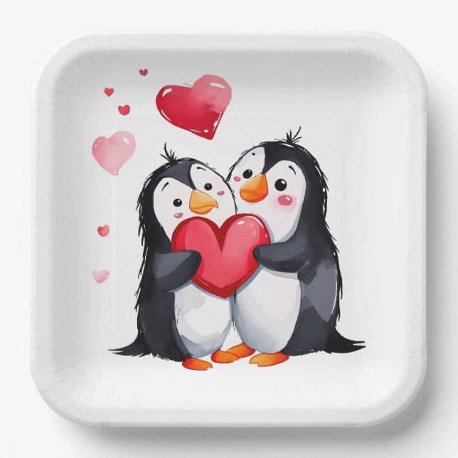Assiettes En Carton Paire de pingouins aux Coeurs rouges (Recto)