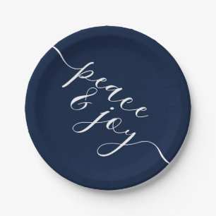 Assiettes En Carton Paix Et Joie Noël Moderne Bleu Et Blanc
