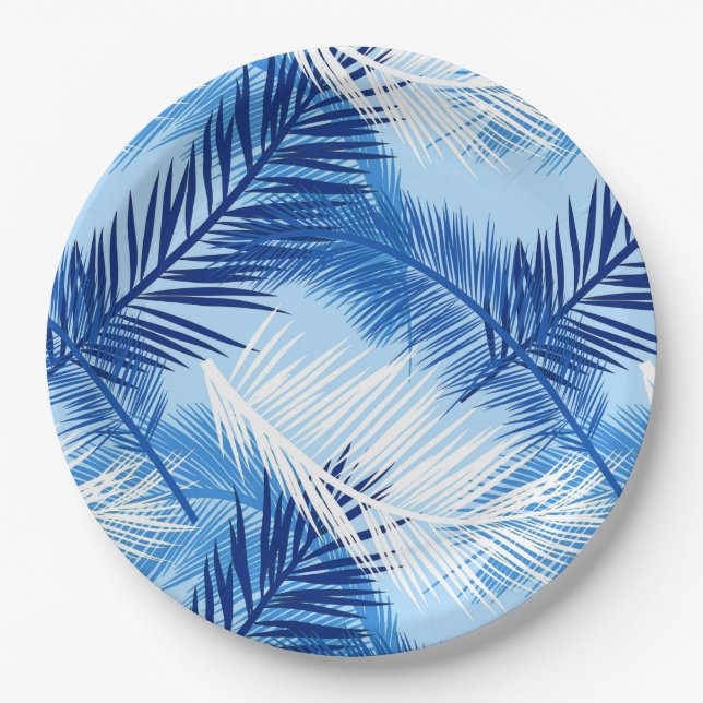 Assiettes En Carton Palm Leaf Print, Cobalt, blanc et bleu ciel (Devant)