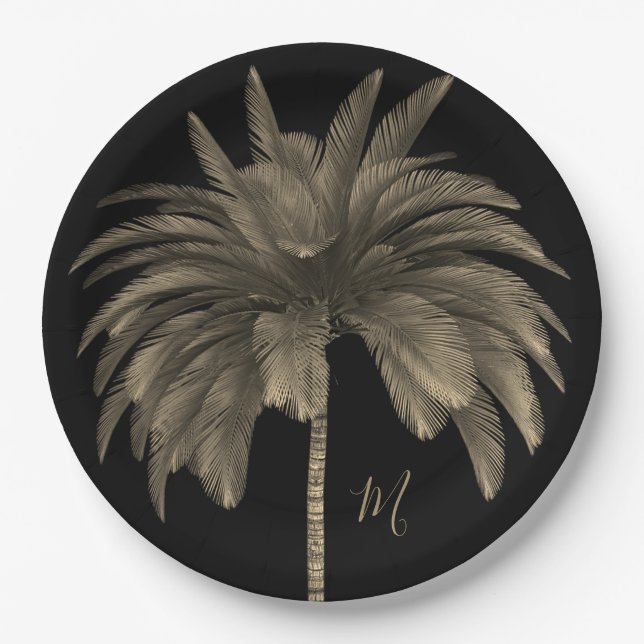 Assiettes En Carton Palm Tree élégant rétro chic noir (Devant)