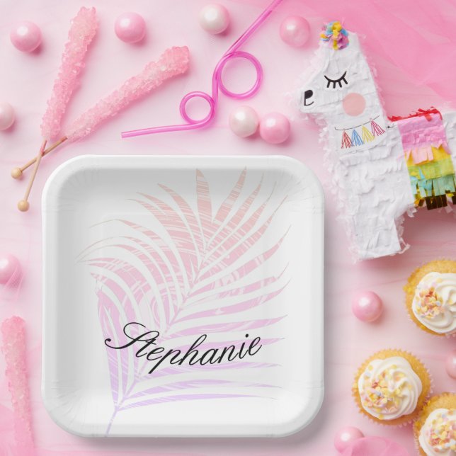 Assiettes En Carton Palm Tree Tropical Custom Name Motif rose (Fête)