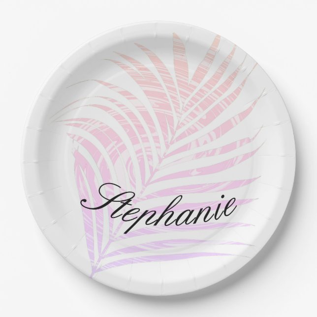 Assiettes En Carton Palm Tree Tropical Rose Motifs Nom personnalisé  (Devant)
