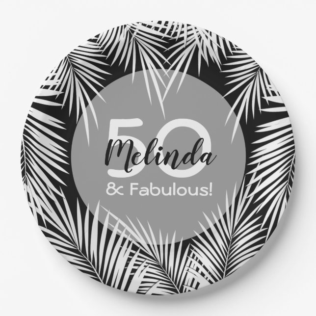 Assiettes En Carton Palmes blanches sur Black Tropical (Devant)