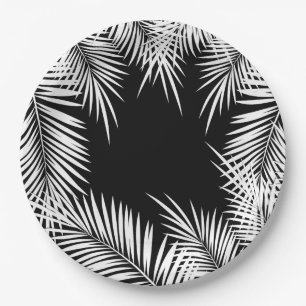 Assiettes En Carton Palmes blanches sur plaques tropicales noires