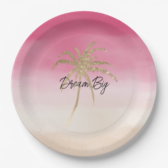 Assiettes En Carton Palmier Tropical Peach Peach Pink Gold (Devant)