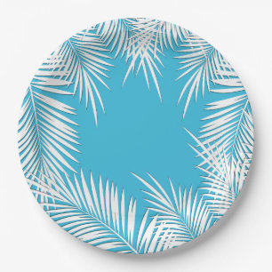 Assiettes En Carton Palmiers blancs sur Plaques de papier à thème bleu