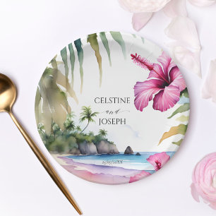 Assiettes En Carton Palmiers de plage tropicaux hibiscus mariage modèl