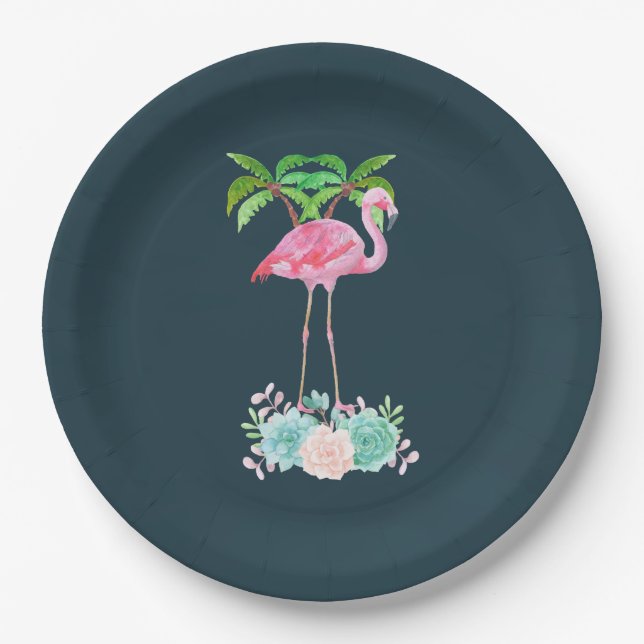 Assiettes En Carton Palmiers Flamants roses roses et succulents florau (Devant)