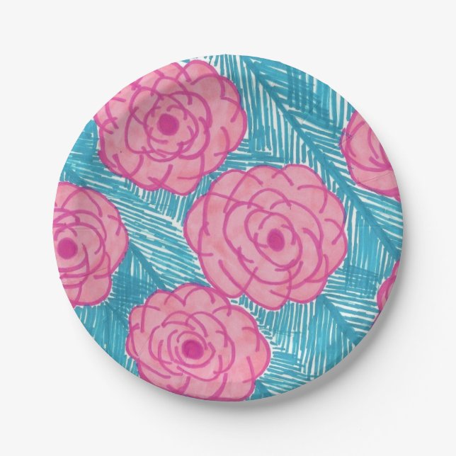 Assiettes En Carton Palmiers tropicaux Feuilles & Fleurs roses Plaques (Devant)