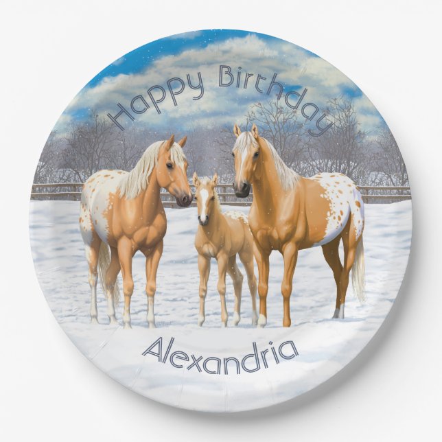 Assiettes En Carton Palomino Appaloosa Chevaux En Neige (Devant)