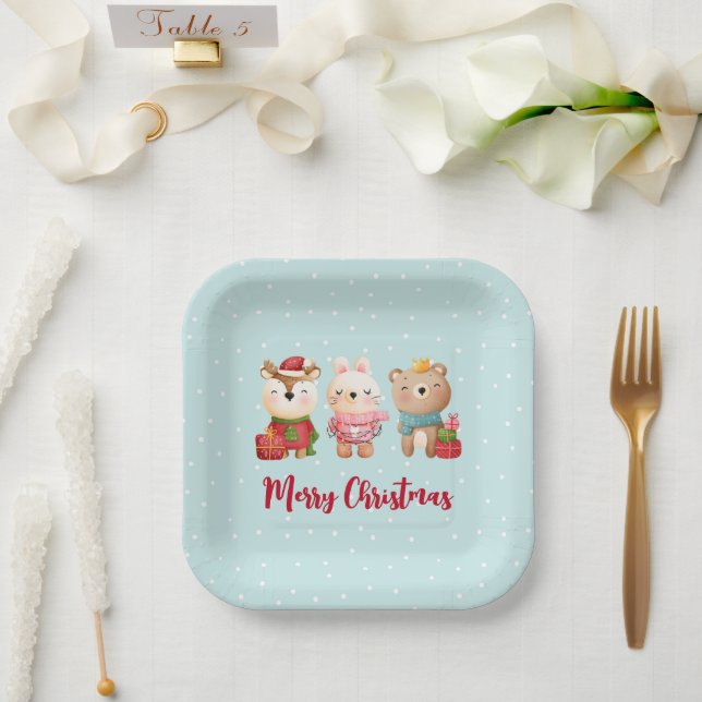 Assiettes En Carton Pals de Noël - Rennes, Ours et Lapin (Mariage)
