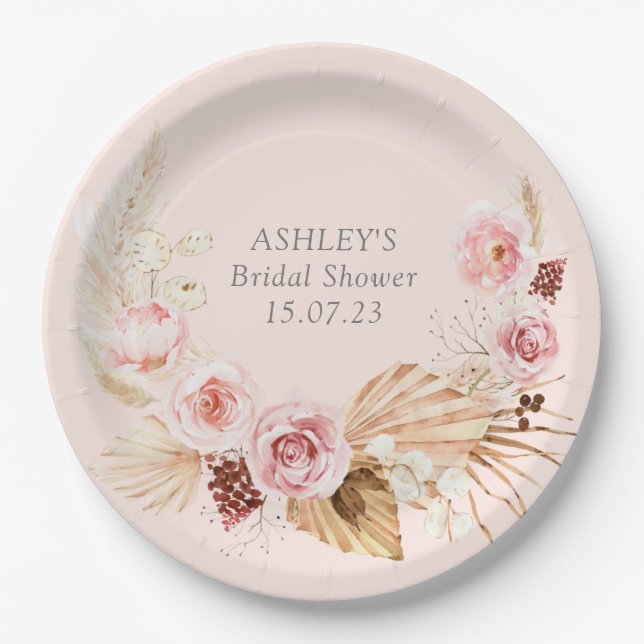 Assiettes En Carton Pampas fleurie Boho Fête des mariées rose pâle (Devant)