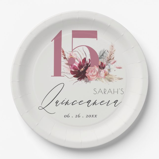 Assiettes En Carton Pampas rose Floral Grass Quinceanera 15e anniversa (Devant)