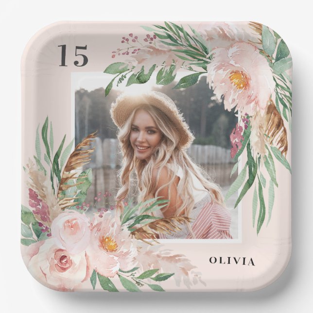 Assiettes En Carton Pampas rose giri floral photo élégante moderne (Recto)
