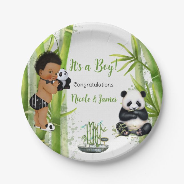 Assiettes En Carton Panda Bamboo Thème Baby Boy Black White Green (Devant)