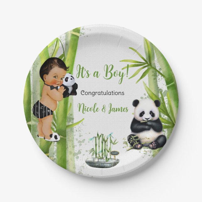 Assiettes En Carton Panda Bamboo Thème Baby Boy Black White Green (Devant)