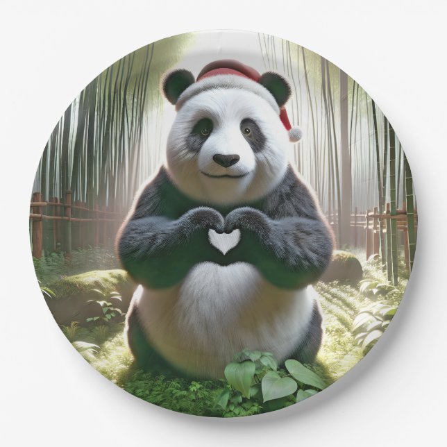 Assiettes En Carton Panda de Noël en plein coeur (Devant)