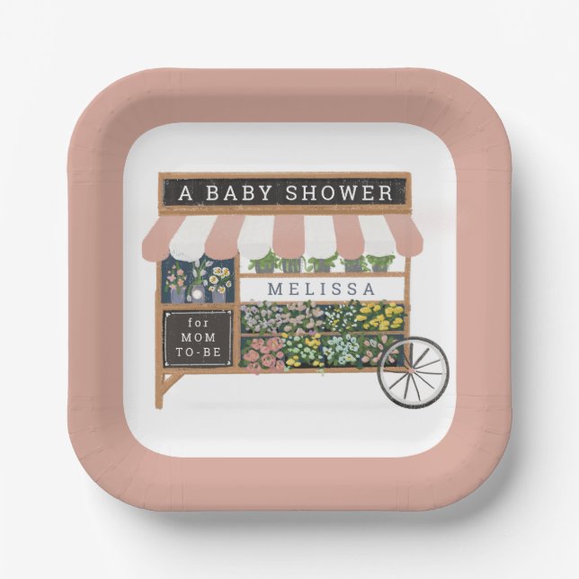 Assiettes En Carton Panier à fleurs Baby shower rose (Recto)