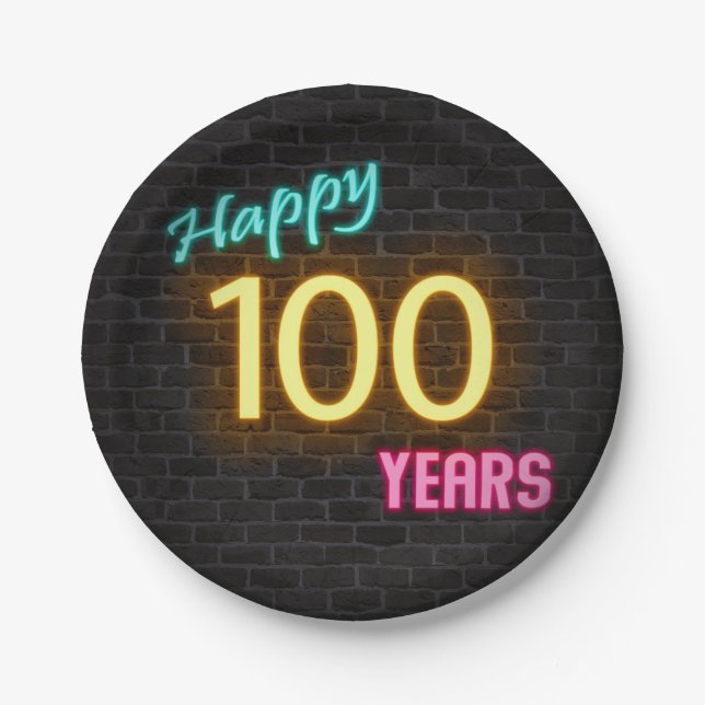 Assiettes En Carton Panneau Neon numéro 100 sur mur en brique (Devant)