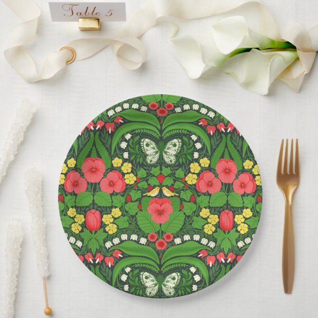 Assiettes En Carton Pansies rouges, oiseaux et papillons (Mariage)