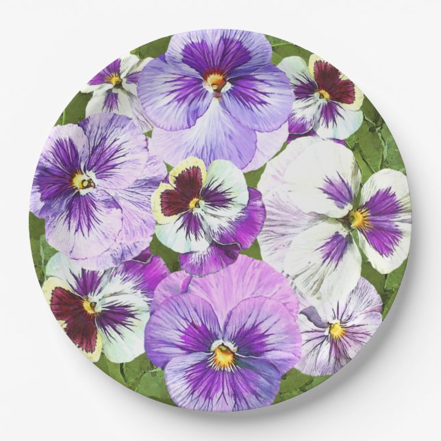 Assiettes En Carton Pansies violettes sur toutes les plaques en papier (Devant)