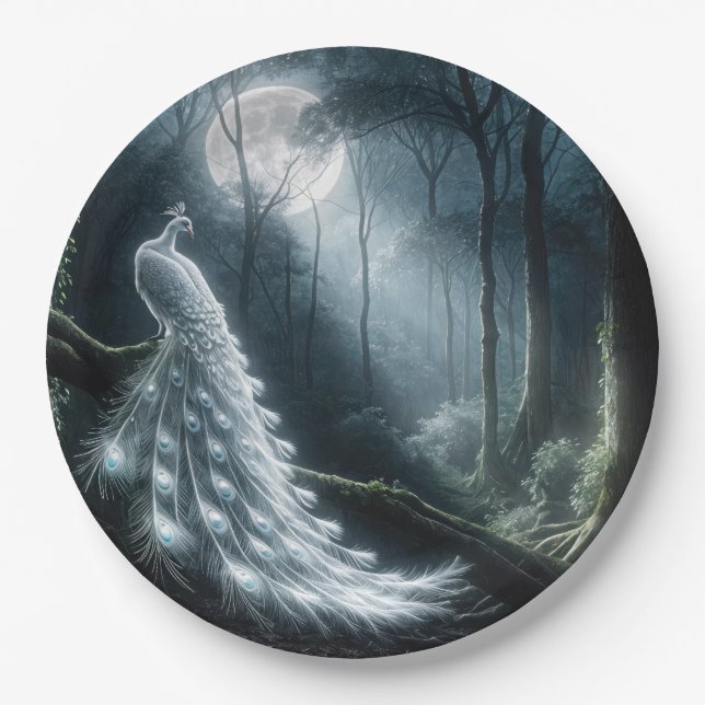 Assiettes En Carton Paon blanc dans une forêt au clair de lune (Devant)