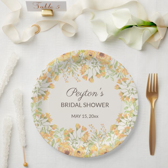 Assiettes En Carton Pap Fête des mariées Pastel Jaune Aquarelle Fleurs (Mariage)
