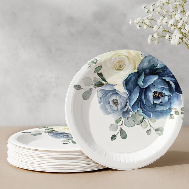 Assiettes En Carton Pap Mariage floral de Champagne de la Marine Bleue (Dusty Blue Navy Champagne Ivory Floral Wedding Pap Paper Plates)