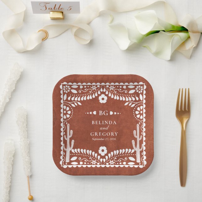 Assiettes En Carton Papel Picado Boda Mexican Terracotta Brown Wedding (Mariage)