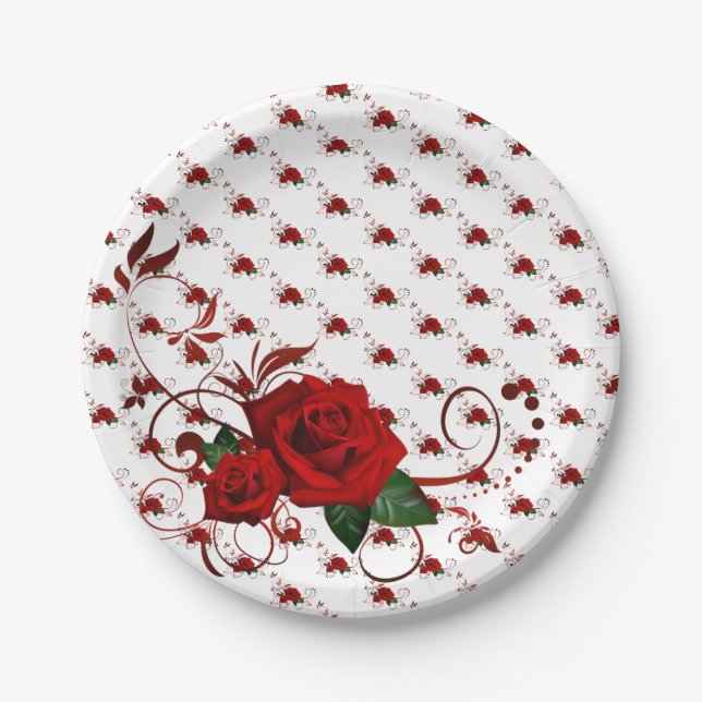 Assiettes En Carton Paper Plates,  Red Rose Floral (Devant)