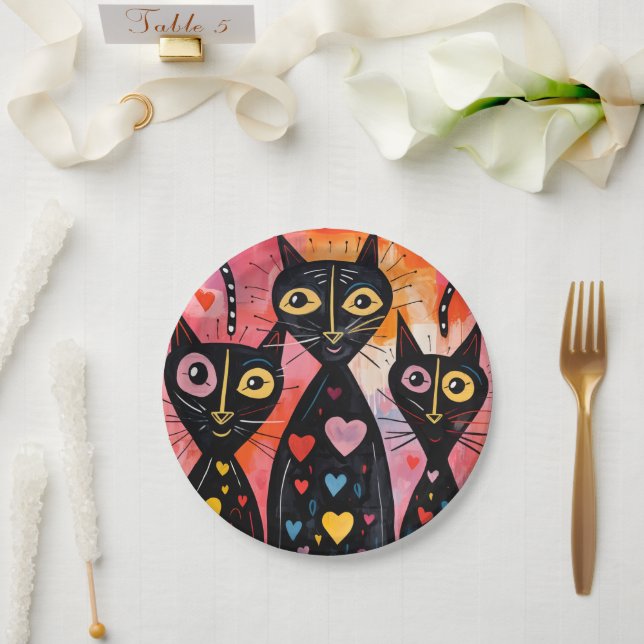 Assiettes En Carton Paper plates Valentine's Day Cat Red Hearts  (Mariage)