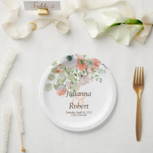Assiettes En Carton Papier à mariage floral aquarelle rose et bleu pla