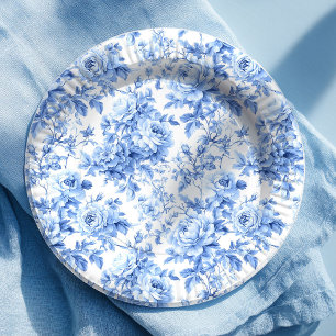 Assiettes En Carton Papier à motifs floral de roses Toile Bleue Grandm