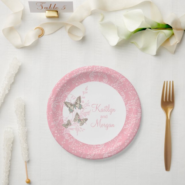 Assiettes En Carton Papier blanc rose mariage à 3 papillons (Mariage)