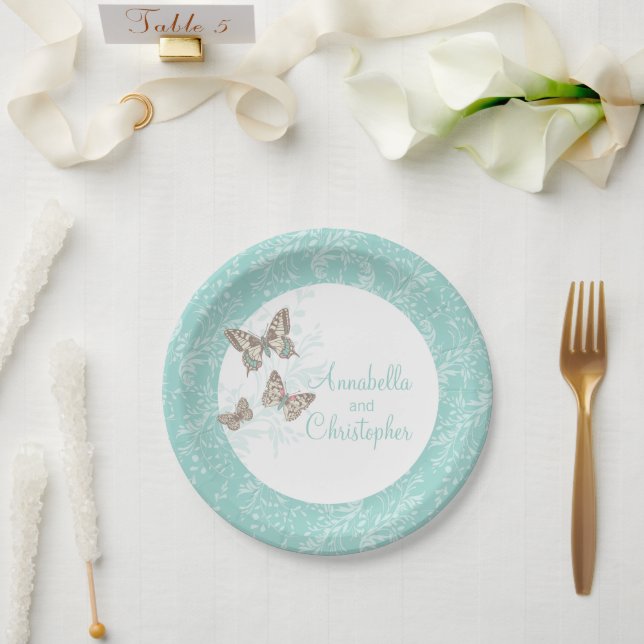 Assiettes En Carton Papier blanc turquoise à 3 papillons mariages (Mariage)
